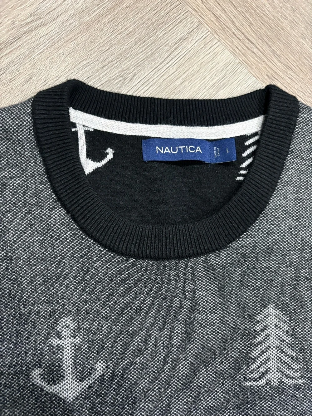 Nautica Grey Anchor-Print Crewneck Sweater Size L